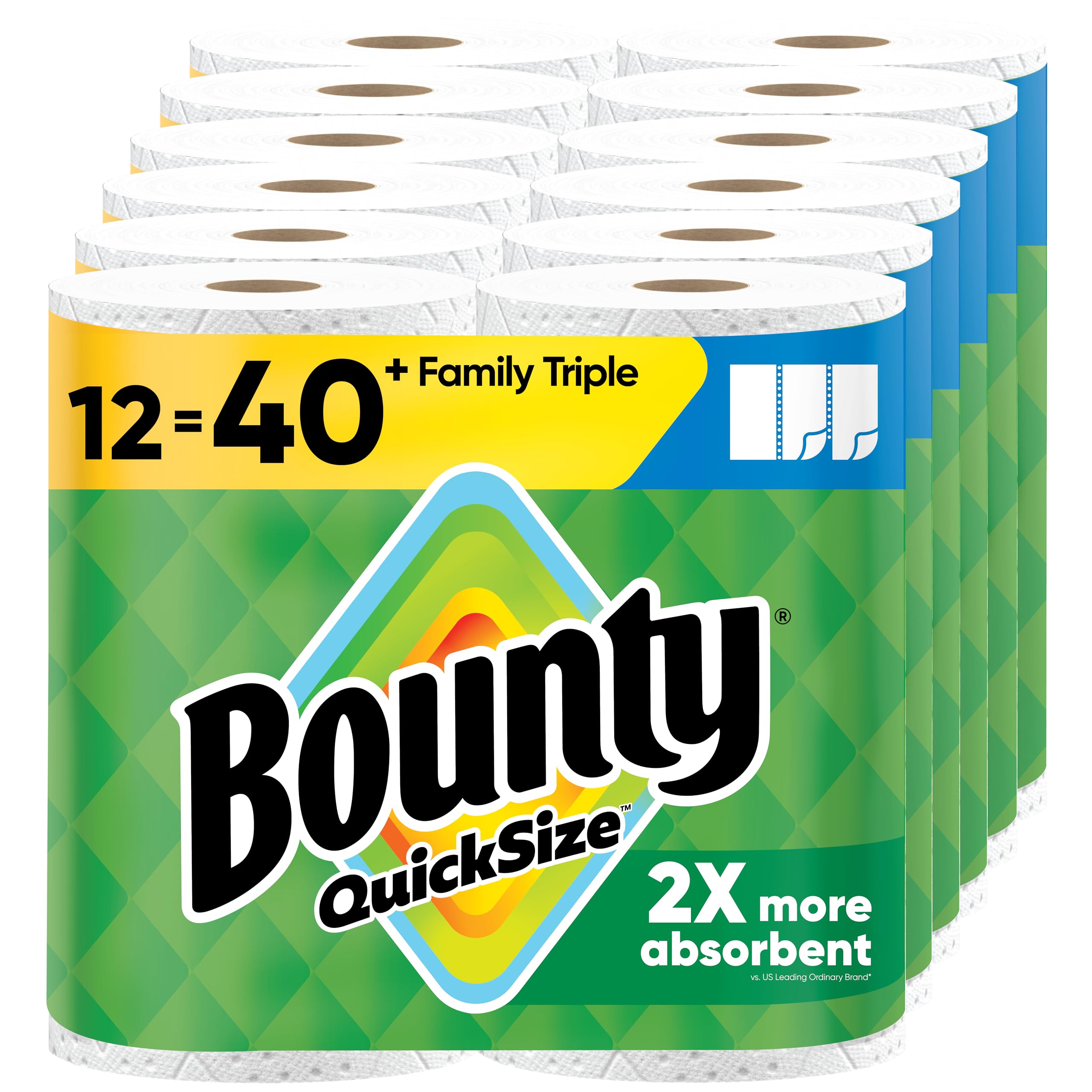 Bounty Quick-Size - Toallas de papel, paquete familiar de 8 rollos triples = 27 rollos regulares, color blanco