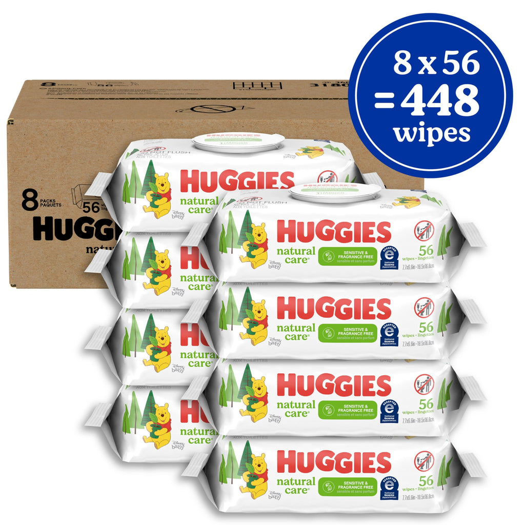 Huggies - Toallitas para bebés Natural Care Sensitive, sin perfume, hipoalergénicas, 99% de agua purificada, 12 paquetes abatibles (768 toallitas en total), el embalaje puede variar