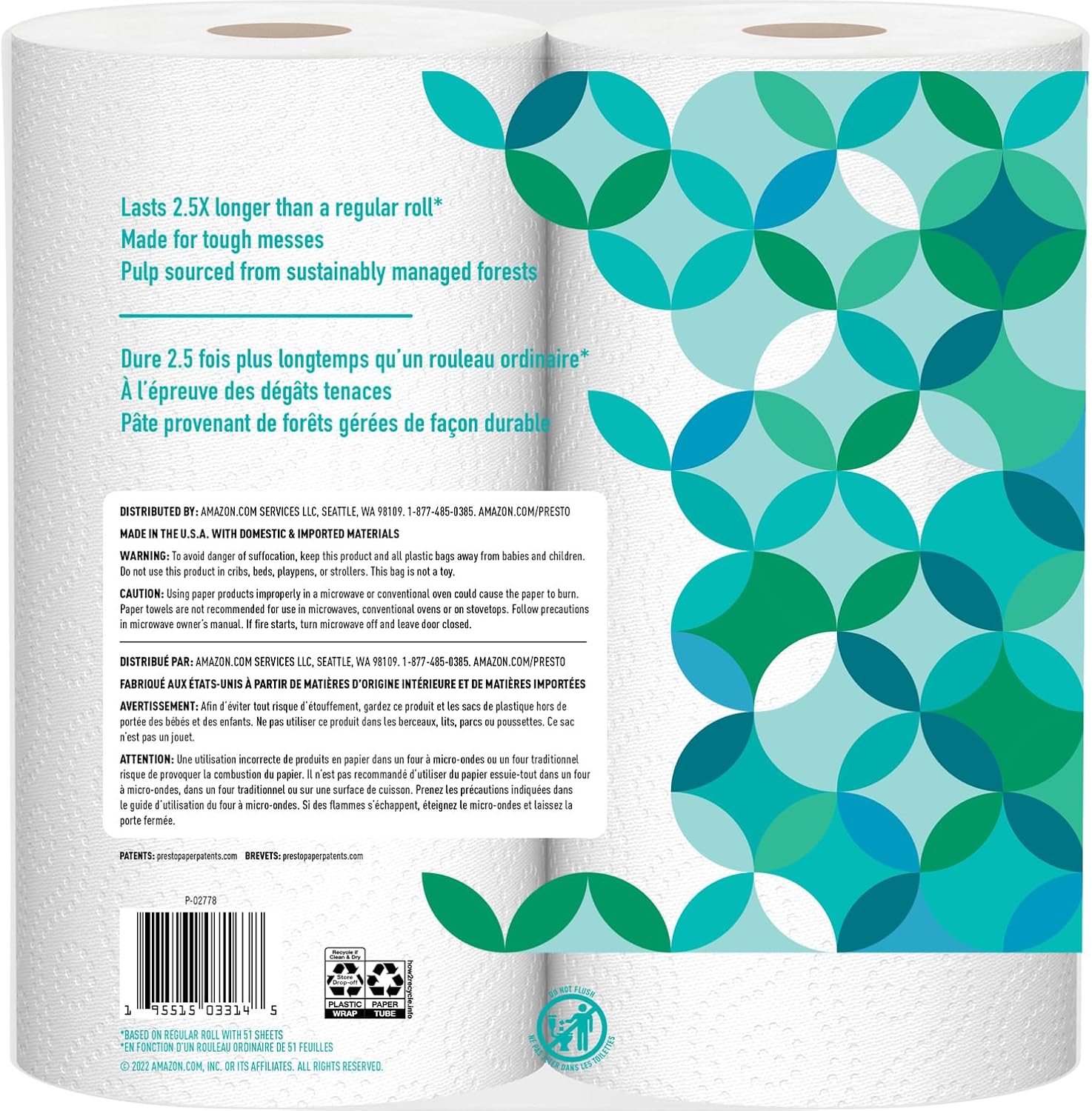 Marca Amazon - Presto! Toallas de papel Flex-a-Size, rollo enorme de 158 hojas, 12 rollos (2 paquetes de 6), equivalente a 38 rollos regulares, blanco
