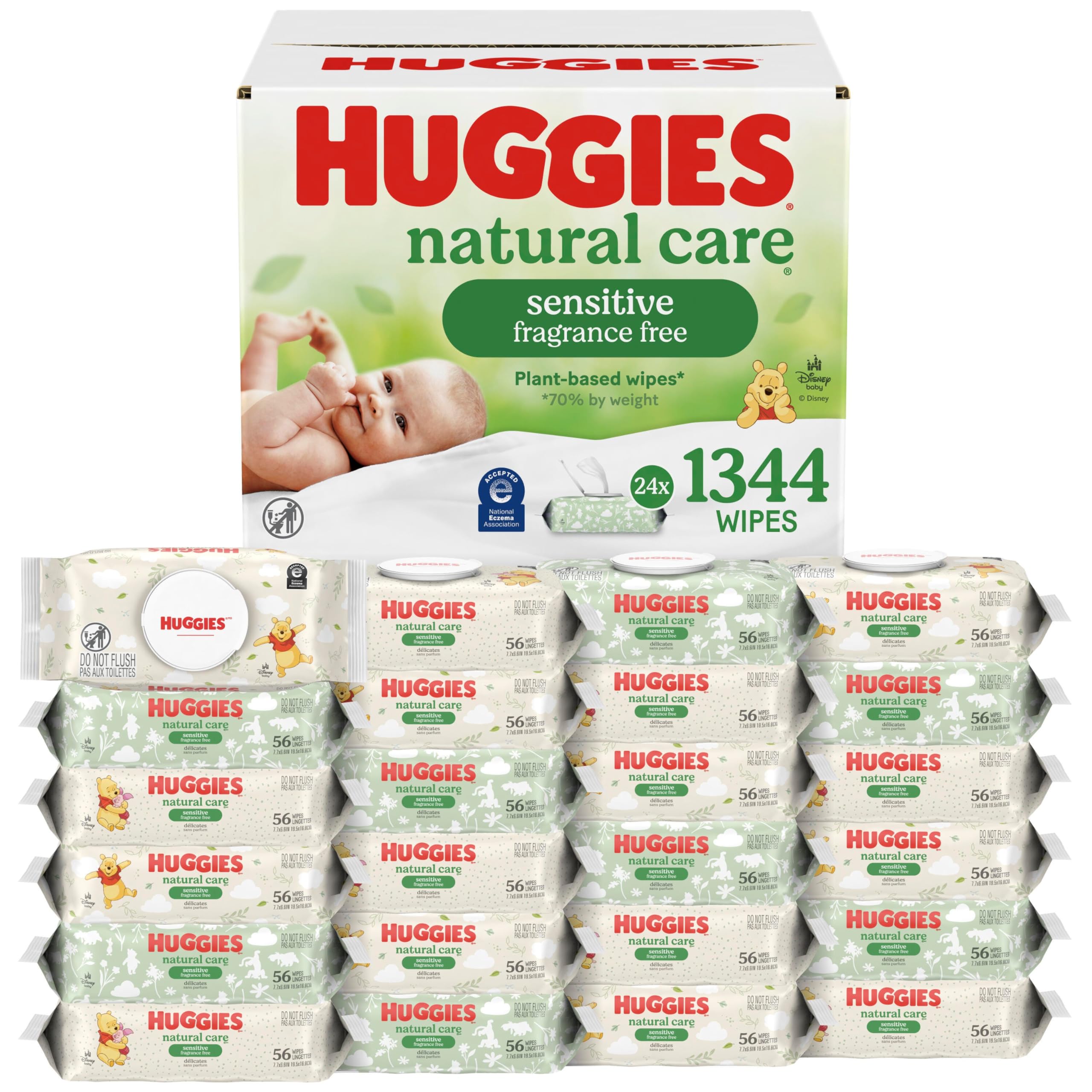 Huggies - Toallitas para bebés Natural Care Sensitive, sin perfume, hipoalergénicas, 99% de agua purificada, 12 paquetes abatibles (768 toallitas en total), el embalaje puede variar
