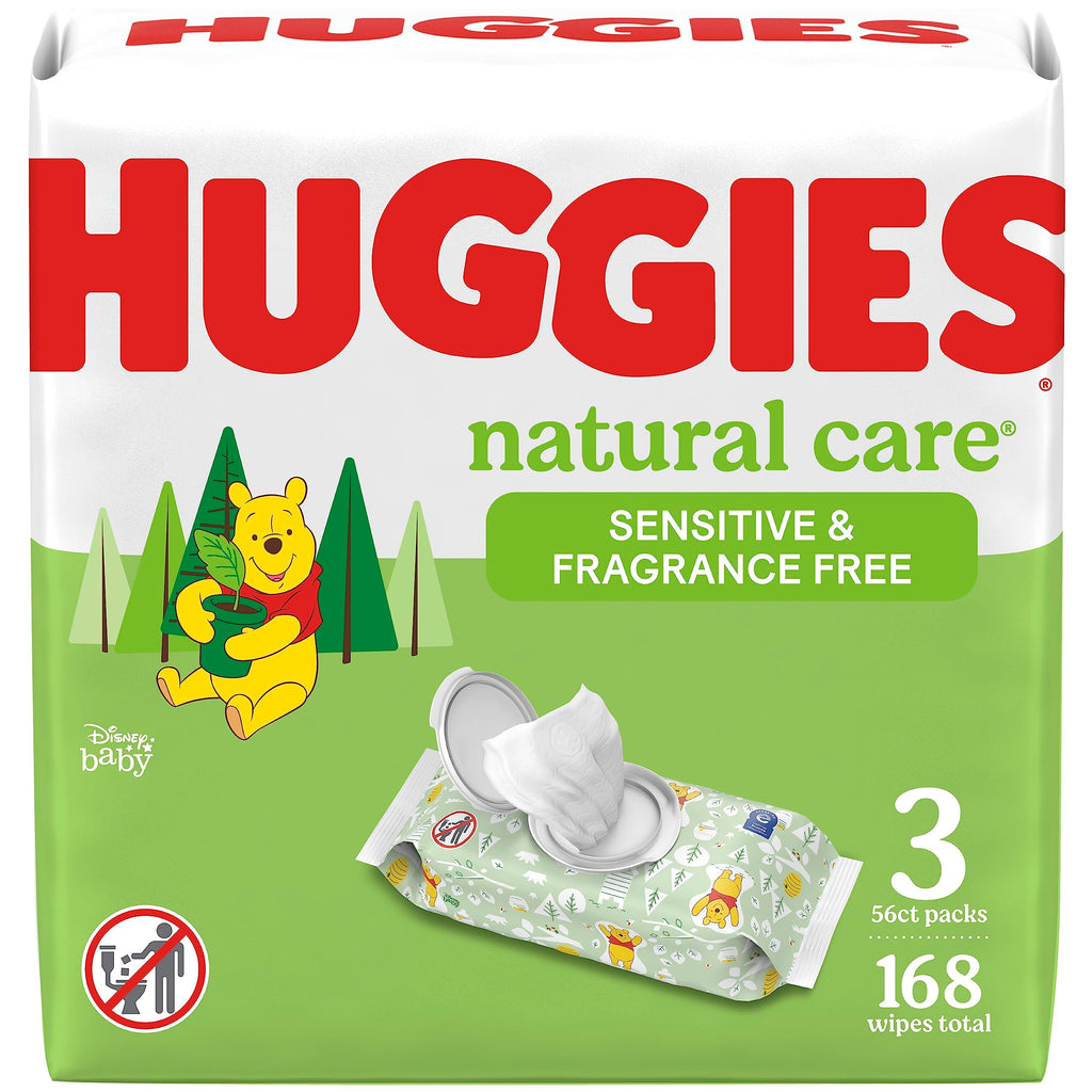 Huggies - Toallitas para bebés Natural Care Sensitive, sin perfume, hipoalergénicas, 99% de agua purificada, 12 paquetes abatibles (768 toallitas en total), el embalaje puede variar