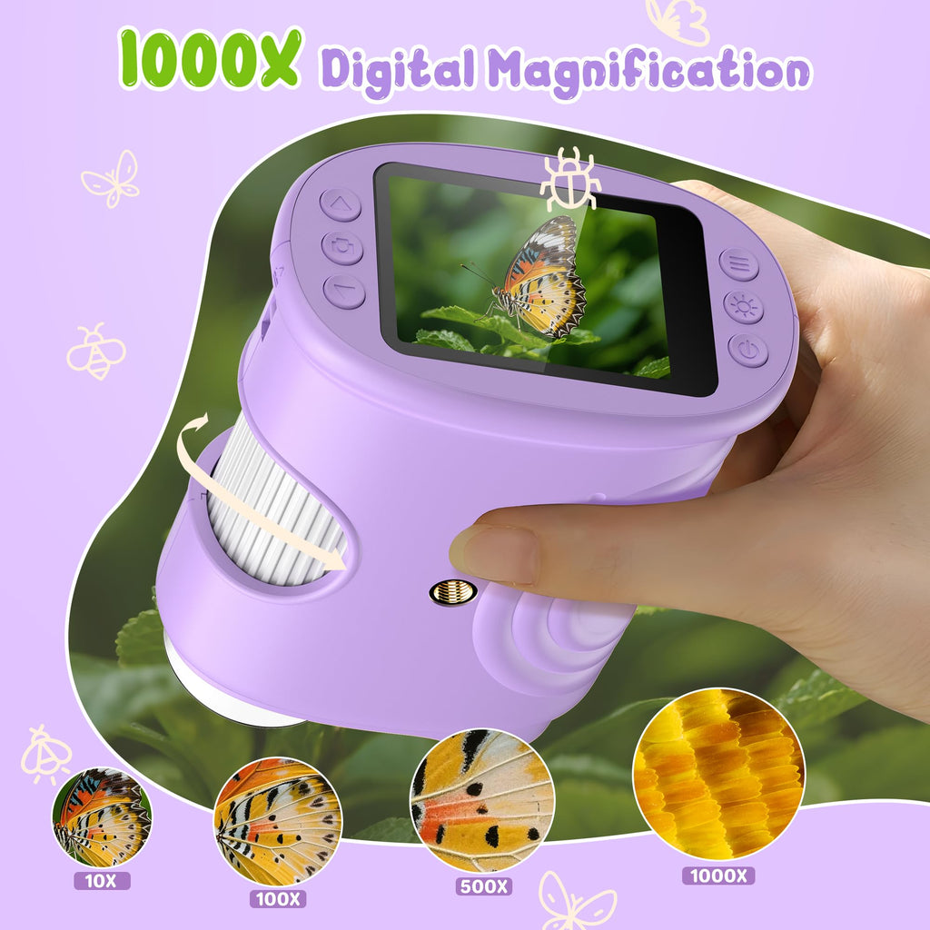 Microscopio digital de mano 1000X para niños: microscopio de bolsillo con pantalla IPS de 2.0 pulgadas, juguetes STEM, regalos de cumpleaños para niñas, niños y niños, kits portátiles de ciencia Edu para niños de 3 a 6 a 12 años