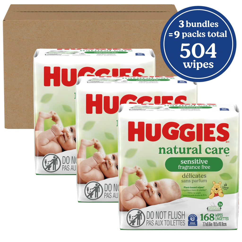 Huggies - Toallitas para bebés Natural Care Sensitive, sin perfume, hipoalergénicas, 99% de agua purificada, 12 paquetes abatibles (768 toallitas en total), el embalaje puede variar
