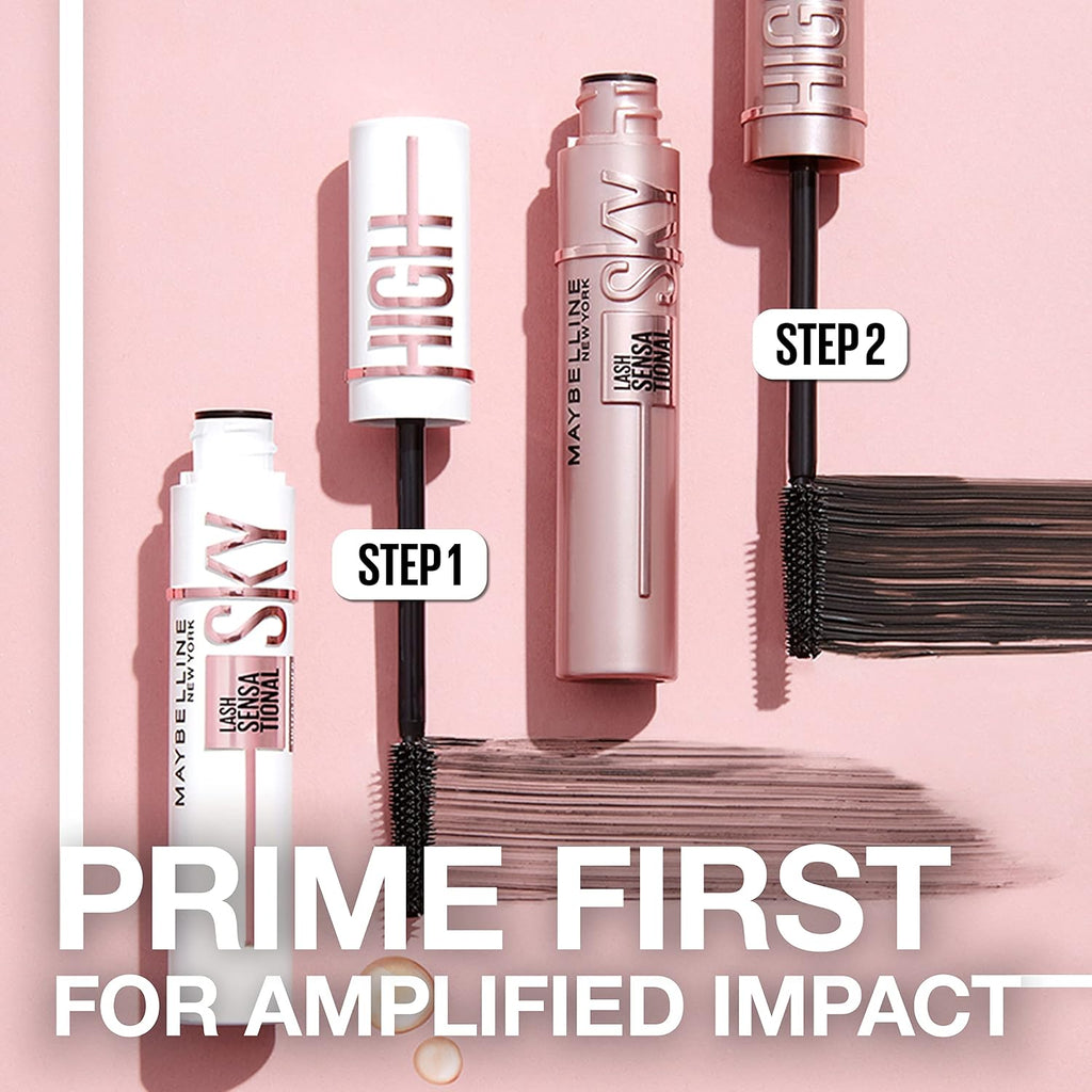 Maybelline Lash Sensational Sky High - Máscara de pestañas lavable, maquillaje, voluminizadora, alargadora, definidora, rizador, fórmula acumulable, negro más negro, 1 unidad