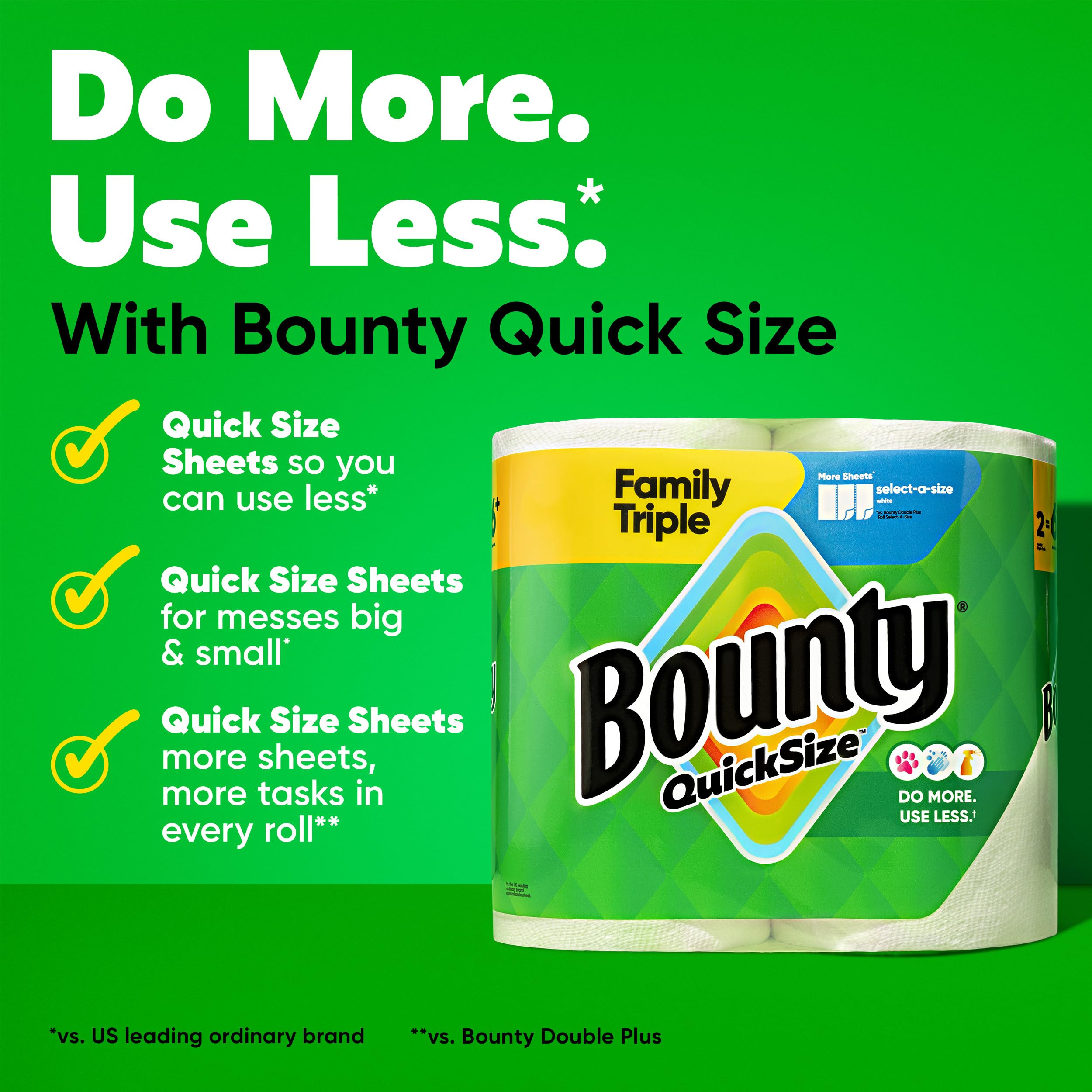 Bounty Quick-Size - Toallas de papel, paquete familiar de 8 rollos triples = 27 rollos regulares, color blanco