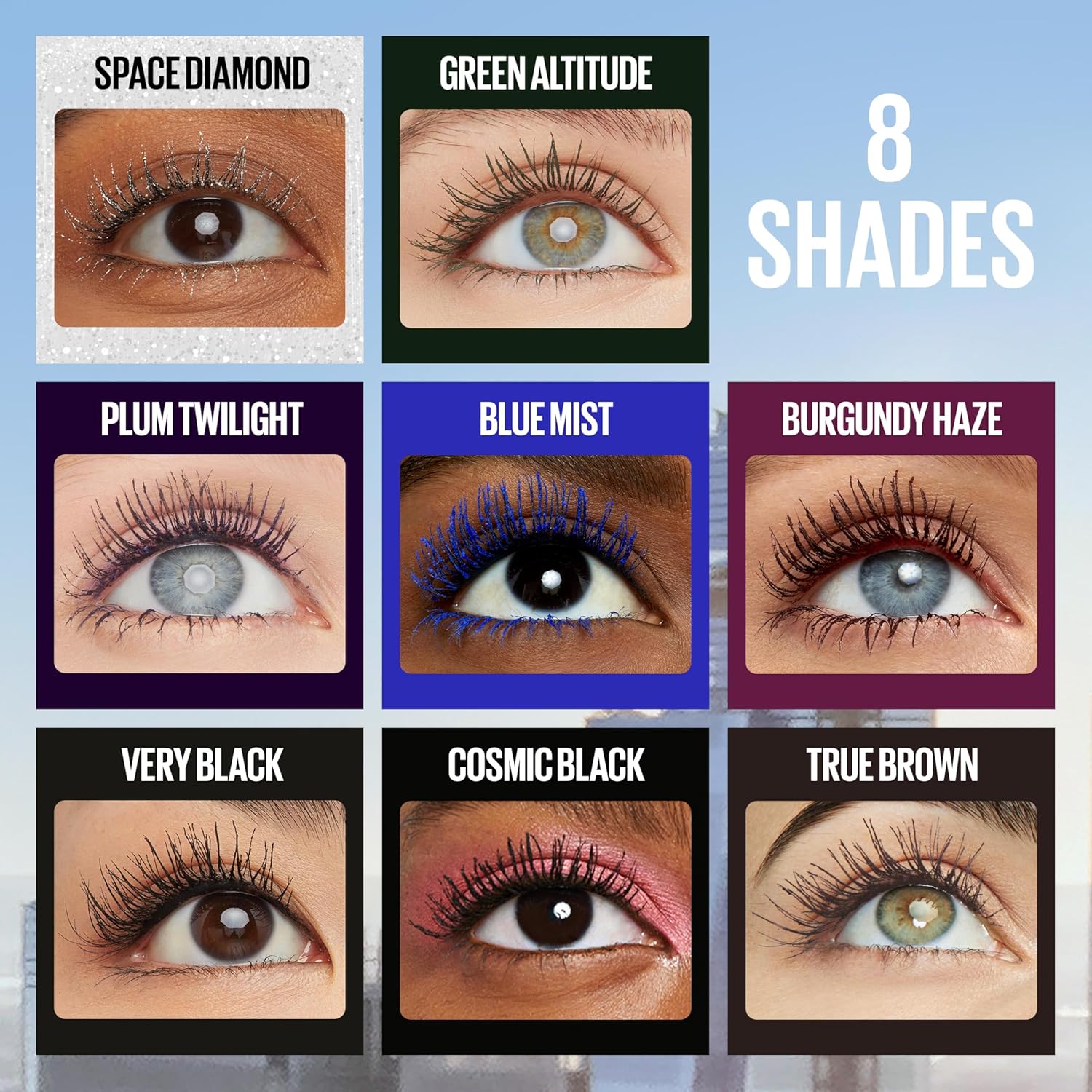 Maybelline Lash Sensational Sky High - Máscara de pestañas lavable, maquillaje, voluminizadora, alargadora, definidora, rizador, fórmula acumulable, negro más negro, 1 unidad