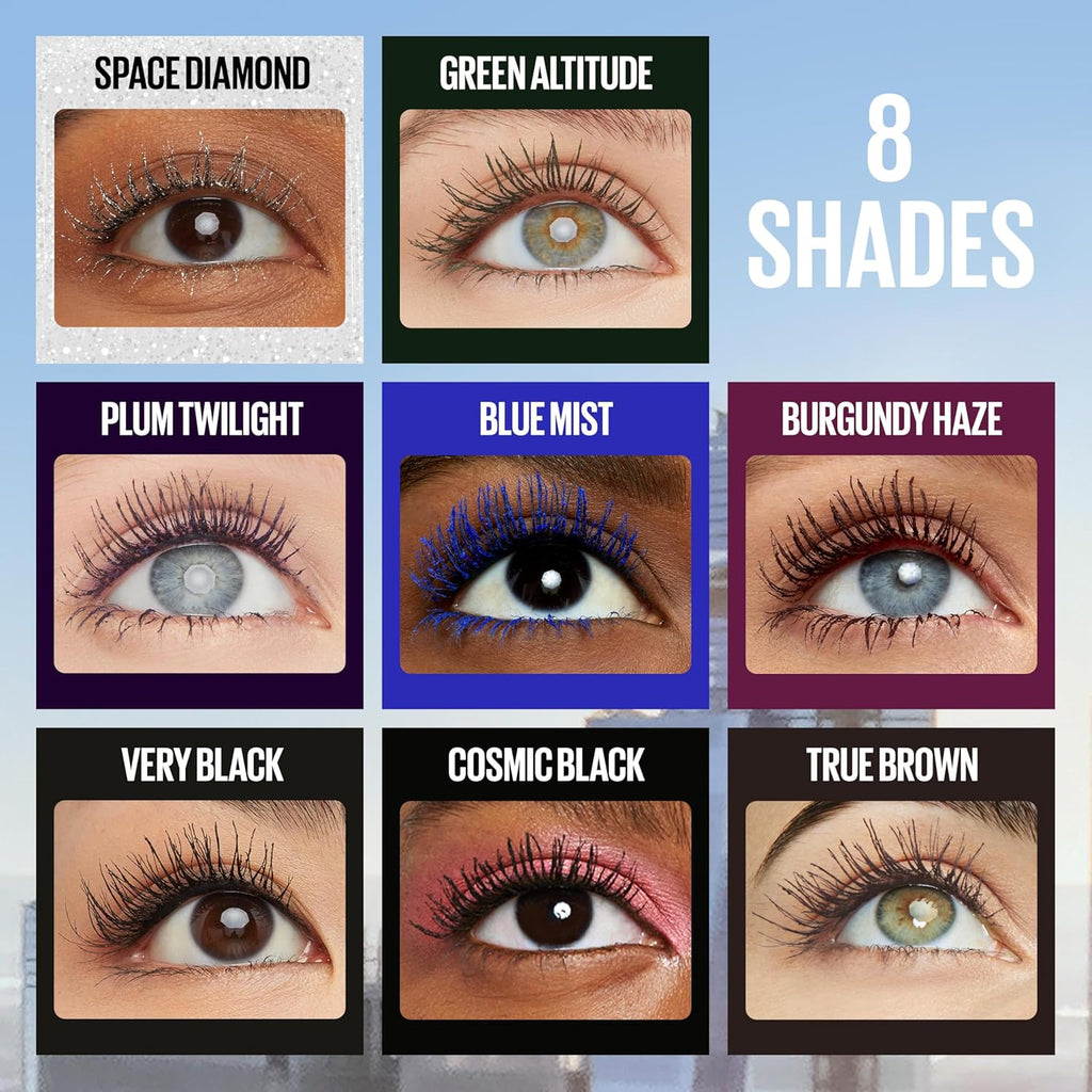 Maybelline Lash Sensational Sky High - Máscara de pestañas lavable, maquillaje, voluminizadora, alargadora, definidora, rizador, fórmula acumulable, negro más negro, 1 unidad