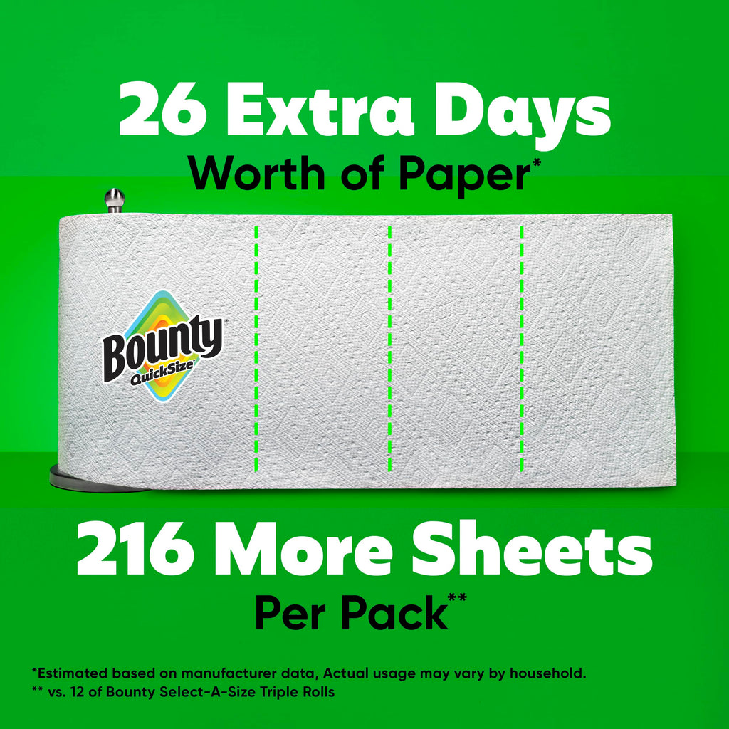 Bounty Quick-Size - Toallas de papel, paquete familiar de 8 rollos triples = 27 rollos regulares, color blanco