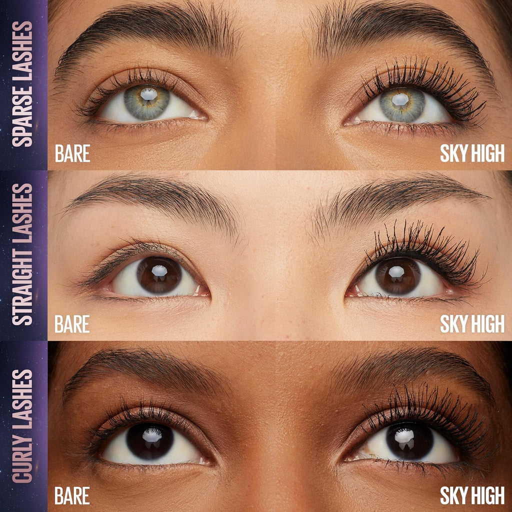Maybelline Lash Sensational Sky High - Máscara de pestañas lavable, maquillaje, voluminizadora, alargadora, definidora, rizador, fórmula acumulable, negro más negro, 1 unidad