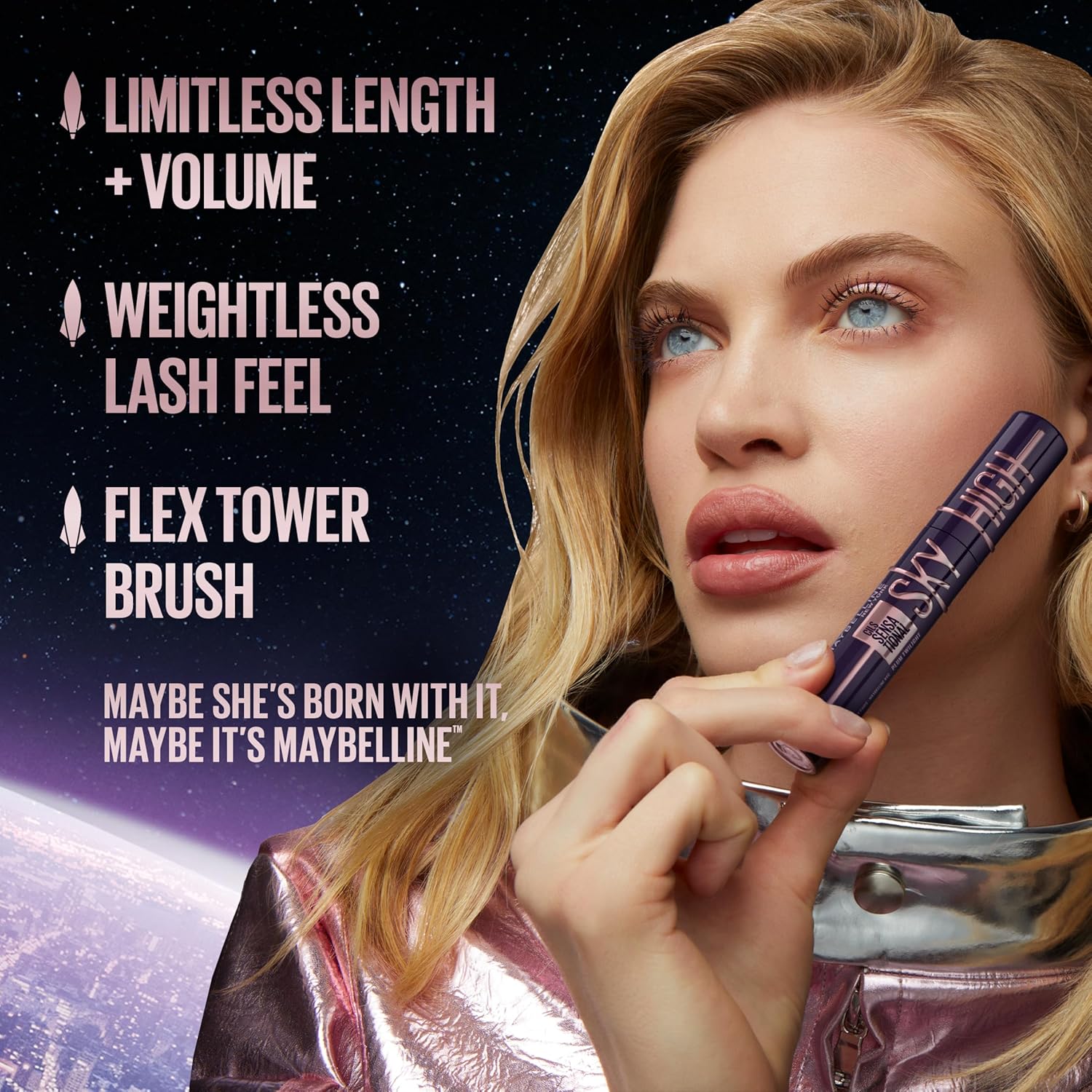 Maybelline Lash Sensational Sky High - Máscara de pestañas lavable, maquillaje, voluminizadora, alargadora, definidora, rizador, fórmula acumulable, negro más negro, 1 unidad