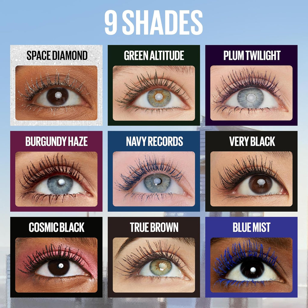 Maybelline Lash Sensational Sky High - Máscara de pestañas lavable, maquillaje, voluminizadora, alargadora, definidora, rizador, fórmula acumulable, negro más negro, 1 unidad