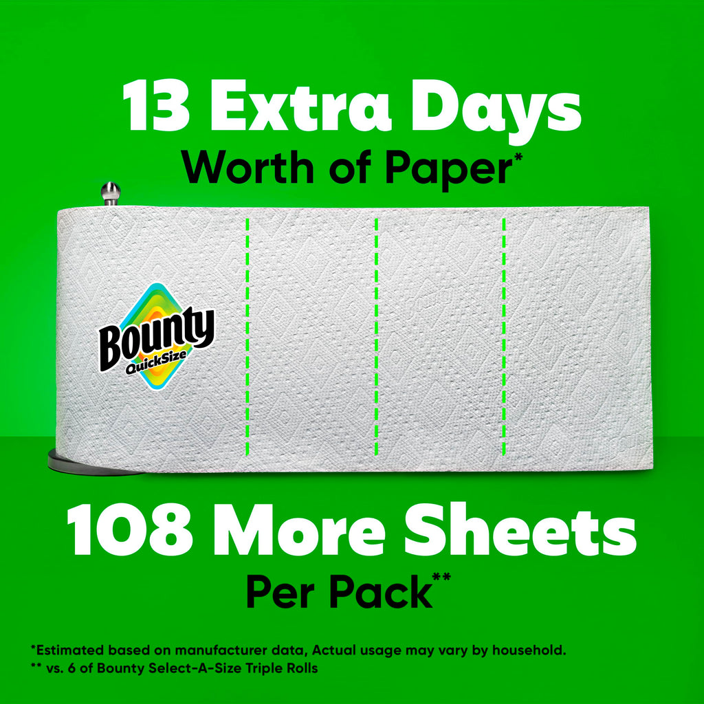Bounty Quick-Size - Toallas de papel, paquete familiar de 8 rollos triples = 27 rollos regulares, color blanco