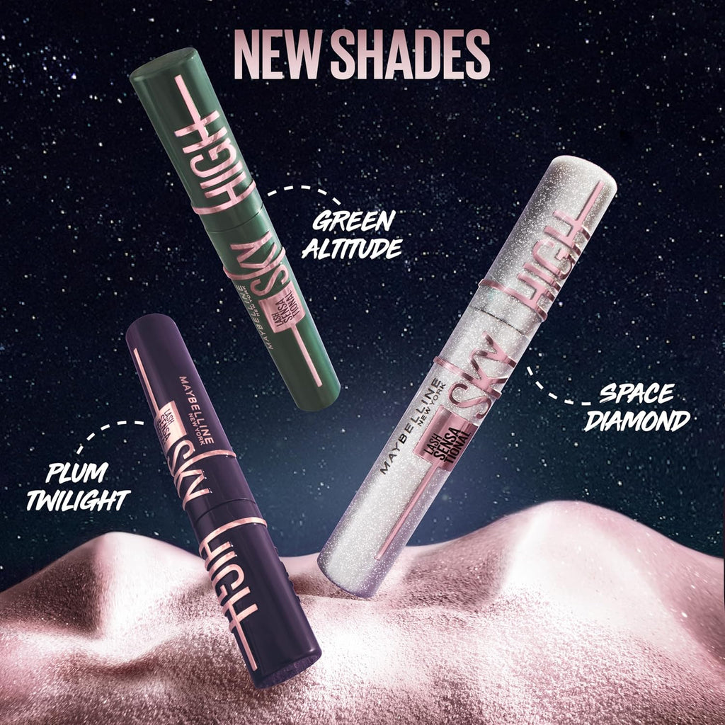 Maybelline Lash Sensational Sky High - Máscara de pestañas lavable, maquillaje, voluminizadora, alargadora, definidora, rizador, fórmula acumulable, negro más negro, 1 unidad